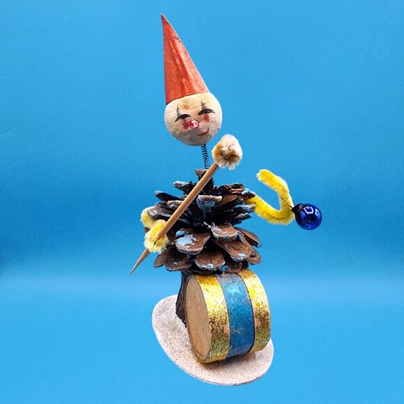 Vintage Bobblehead Elf Japan Pinecone Spun Cotton Foil Horn Mercury Glass 1950s - Picture 3 of 10